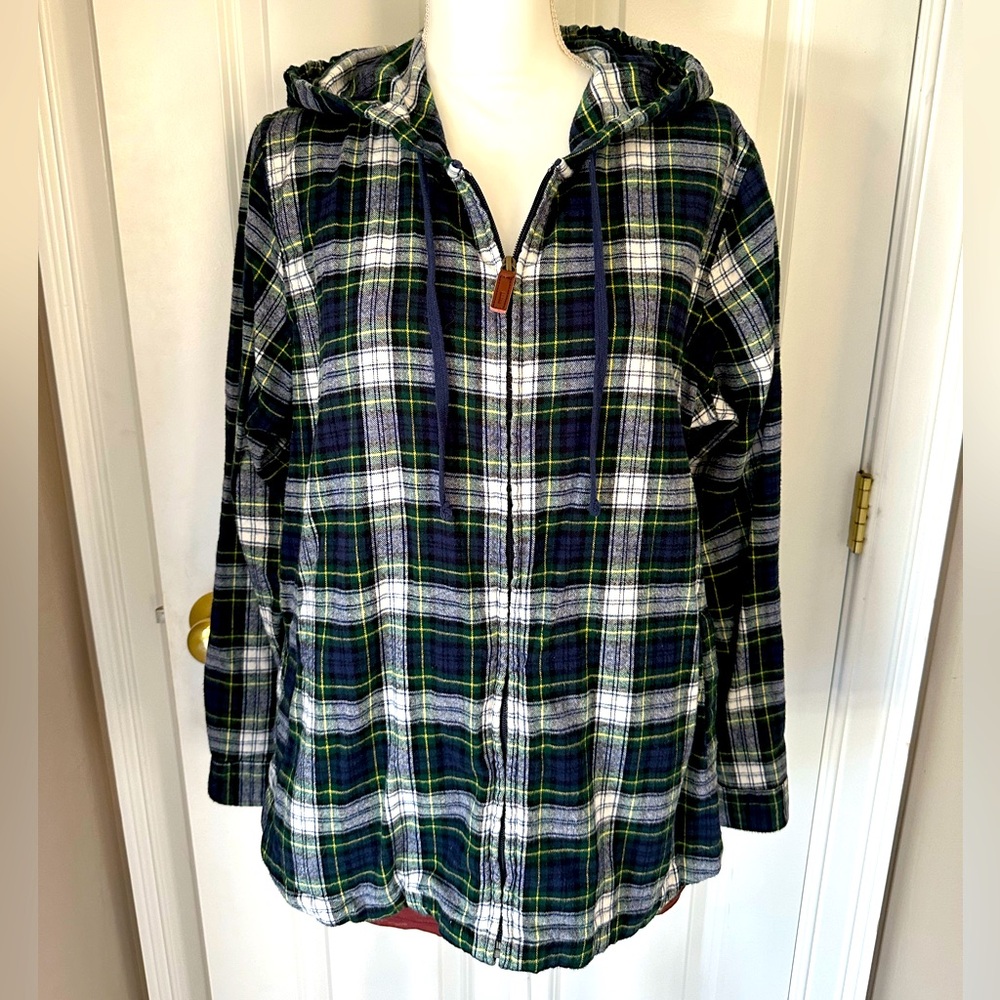 LLBean Blackwatch Plaid Flannel Zip Up Hooded Shirt